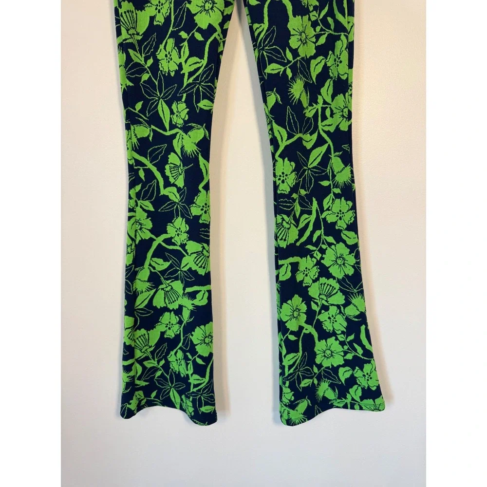 Retro Floral Zara Women Small Flare Pants Navy Lime Green‎ High Rise NWT